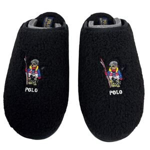 Polo Ralph Lauren Mule Slippers Kayleigh Bear Scuff Womens 10 Black Sherpa